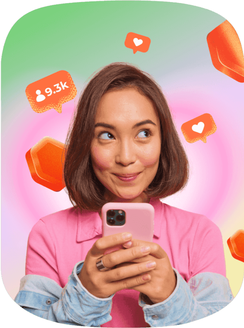 Social Media Visibility - Woman with phone and engagement icons